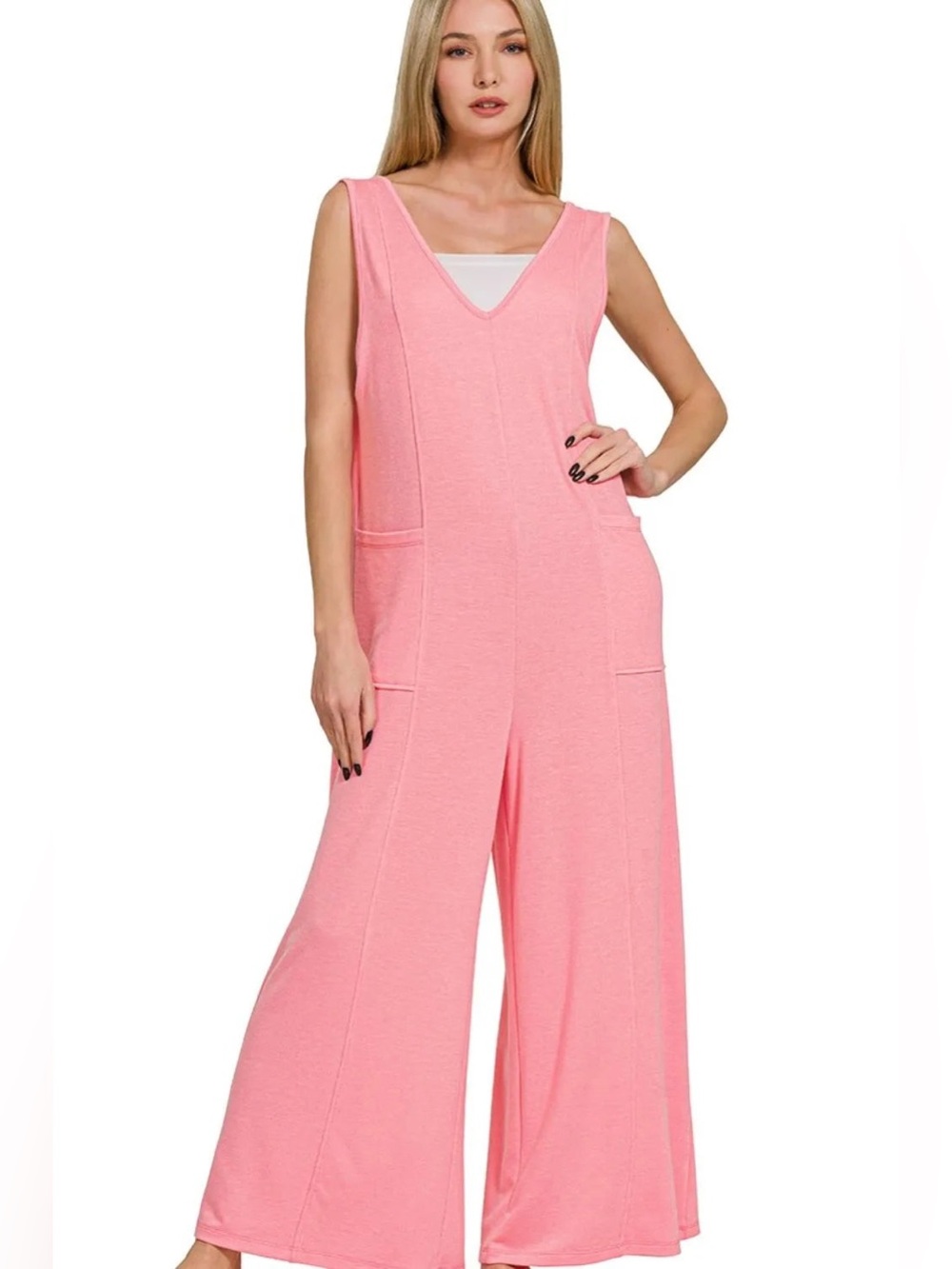 Zenana Outfitters French Terry Deep  V-Neck Wide-Leg Jumpsuit - Pink